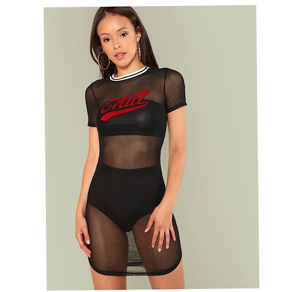 Striped Neck Letter Mesh Dress...Sz: Small...Black - Picture 2 of 6